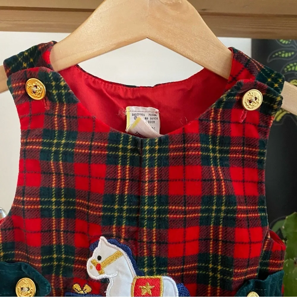 Vintage Red Green Velvet Plaid Christmas Holiday Rocking Horse Applique Jon Jon